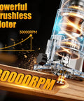 Brushless Cordless Trim Router Smooth Operator 20 V Battery Fit 30000 Rpm Palm Tool showing powerful motor at 30000 RPM.