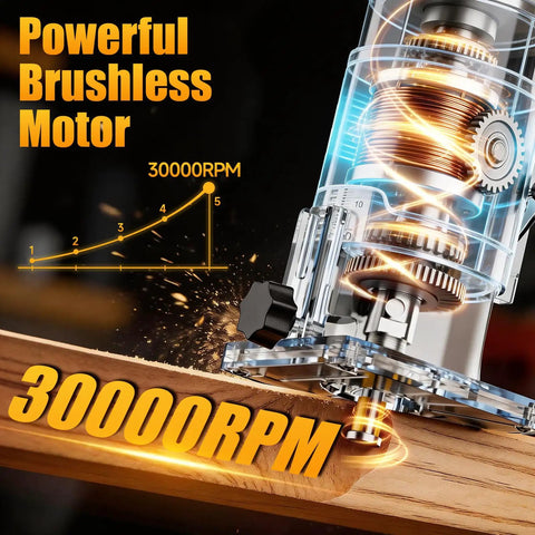 Brushless Cordless Trim Router Smooth Operator 20 V Battery Fit 30000 Rpm Palm Tool showing powerful motor at 30000 RPM.