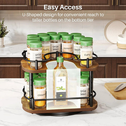Two Tier In Cabinet Spice Rack Organizer with Rotating Lazy Susan in kitchen, holding spice jars, ideal for 11 inch cabinets.