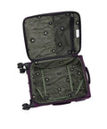 Open inside view of Circulator 22 Inch Softside Carry On With Expandable 8 Wheel Spinner In Italian Plum, showing interior lining and straps.
