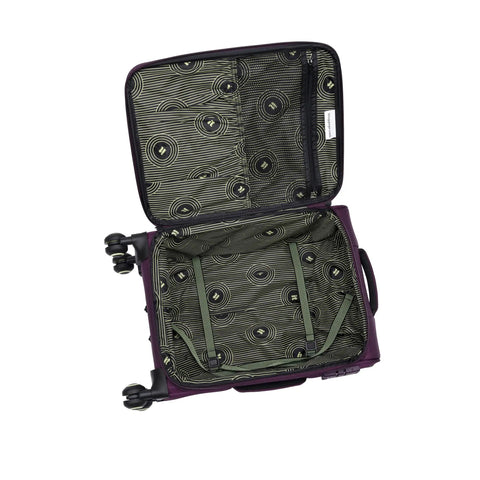 Open inside view of Circulator 22 Inch Softside Carry On With Expandable 8 Wheel Spinner In Italian Plum, showing interior lining and straps.