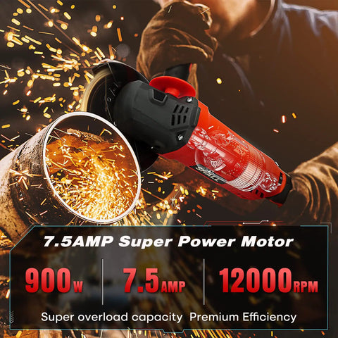 Beast Of A 4-1/2 Inch Angle Grinder With 7.5 Amp Motor 6 Variable Speeds 12000 RPM Includes Safety Guards Cutting Wheels Flap Discs And A Non Slip Handle For Metal And Wood Projects cutting metal pipe with sparks flying