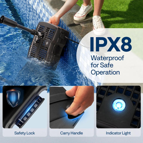 All In One Submersible Pond Filter Pump Kit With Built In Sterilizer for outdoor ponds, showcasing IPX8 waterproof design and features.