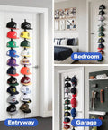 Door Hat Rack With Two Way Hanging And Display Hooks For Baseball Caps Over The Door Hat Organizer For Bedroom Entryway Or Garage Doors Space Saving Hat Hanger That Keeps Caps In Place And Clutter Free shown installed with hats.