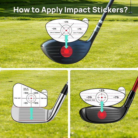 Impact Tape For Golf Clubface, High Resolution Swing Analysis Stickers For Irons, Woods, And Fairways shown in use on clubs