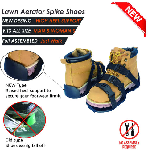 Gunite Epoxy Floor Spiked Shoes With Three Quarter Inch Short Spikes, Pro Grade Traction Gear For Epoxy Cover Installations, New Design Plate Spiked Shoes, Fully Assembled One Pair, Black, displayed with high heel support and straps on tan boots with green soles.