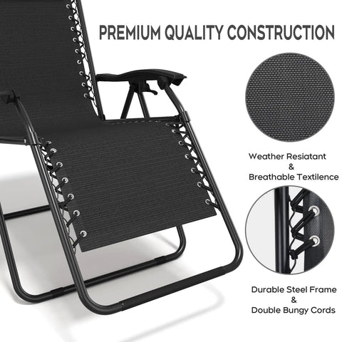 Close-up of Zero Gravity Outdoor Lounge Chairs Set of 2 with cup holders, showing durable steel frame and breathable Textilene fabric.