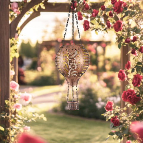 Hummingbird Hot Air Balloon Hanging Solar Lantern 1 Pack for Garden Decor in rose garden, brass color, 10.6 inches tall