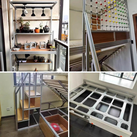 Various DIY projects using Built Tough Corner Bracket Connector Set for 4080 and 8080 aluminum extrusion, showing versatility and sturdy support.