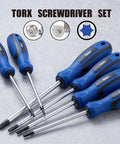 Magnetic Torx Screwdriver Set 14 Pieces In CR V Steel T4 To T40 Pro Grade Repair Tools, blue handles on gray background