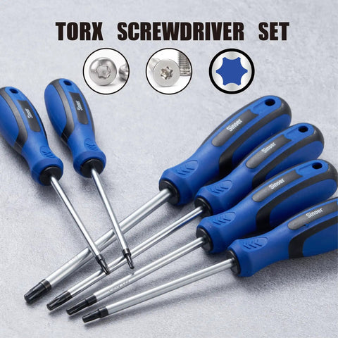 Magnetic Torx Screwdriver Set 14 Pieces In CR V Steel T4 To T40 Pro Grade Repair Tools, blue handles on gray background