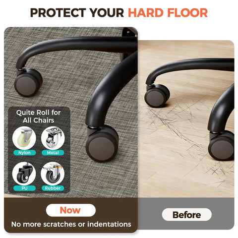Comparison of office chair wheels on mat and bare floor highlighting scratches; 35 By 47 Inch Office Chair Mat For Hardwood Floors Heavy Duty