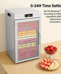 Heavy Duty Electric Food Dehydrator With 18 Spacious Stainless Steel Trays And Precision Adjustable Thermostat set on a table with trays of fruit.