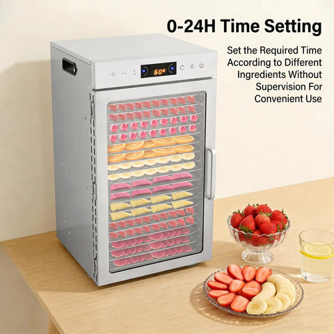 Heavy Duty Electric Food Dehydrator With 18 Spacious Stainless Steel Trays And Precision Adjustable Thermostat set on a table with trays of fruit.