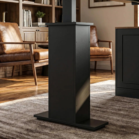 Cool L Shaped Electric Standing Desk With Brown And Black Finish, 55 Inch Big Top, Right Side Cabinet Return, Three Drawers For Storage, Height Adjustable Motorized Table For Home Office Setup - close-up of black motorized lift base.