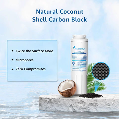 Premium Replacement Refrigerator Water Filter Compatible With EveryDrop 4 with natural coconut shell carbon block on marble surface.