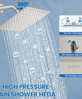Brushed Nickel Rain Shower System With 8 Inch Square Showerhead, All In One Single Function 1 Handle Trim Kit, Female Thread Rough In Valve, H And C Labels, Stainless Steel 304 Head, Solid Brass Mixer, Easy Install