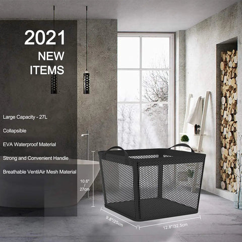 Black laundry basket with mesh design in room, labeled 2021 new items, Ultra Large 58.4L Collapsible Laundry Basket With Waterproof PEVA Liner