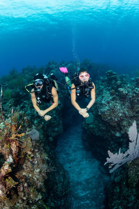 Two scuba divers wearing Synergy 2 Twin Trufit Diving Mask With Comfort Strap, Ultra Clear Low Volume Dual Lens For A Wide Field Of View