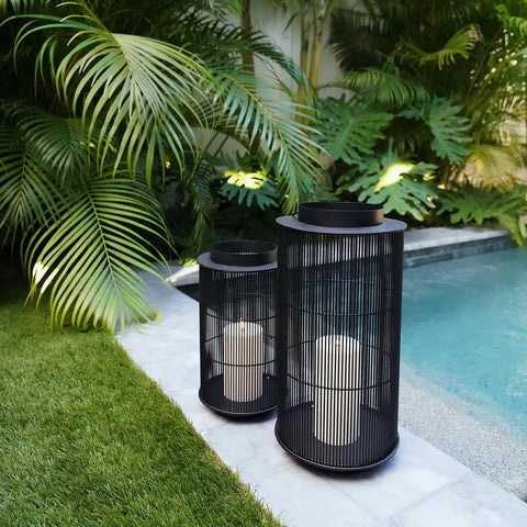 Outdoor Lantern With Realistic LED Candle For Patio, 12 Inch Black Metal Modern Farmhouse Style Lantern by poolside
