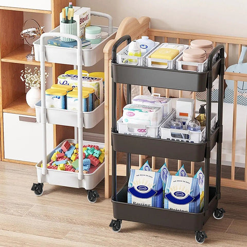 Two rolling carts on hardwood floor with Three Inch Rubber Caster Wheels With Two Brakes Heavy Duty Swivel Castors For Furniture and Hardwood Floors.