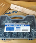 Pocket Hole Screws Set 500 Piece Assortment Pro Grade Bulk Pack In Plastic Storage Box For Woodworking on a wooden table
