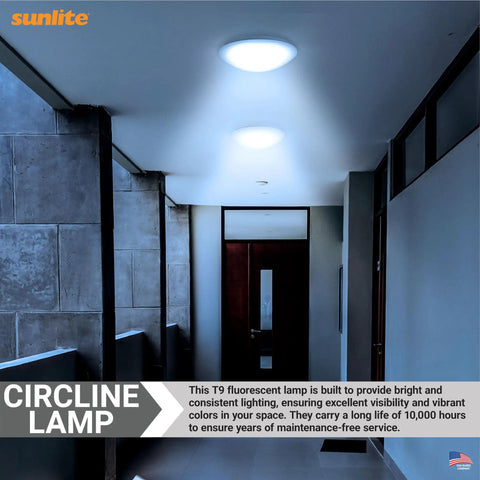 Hallway illuminated by FCL30 50K T9 Round Fluorescent Circline Lamp 30W 1800 Lumens Daylight 5000K Long Life 10000 Hour RoHS Compliant G10Q