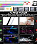 Acrylic Interior Car LED Strip Lights Kit RGB 6 In 1 With Wireless App Control showing components and installation examples.