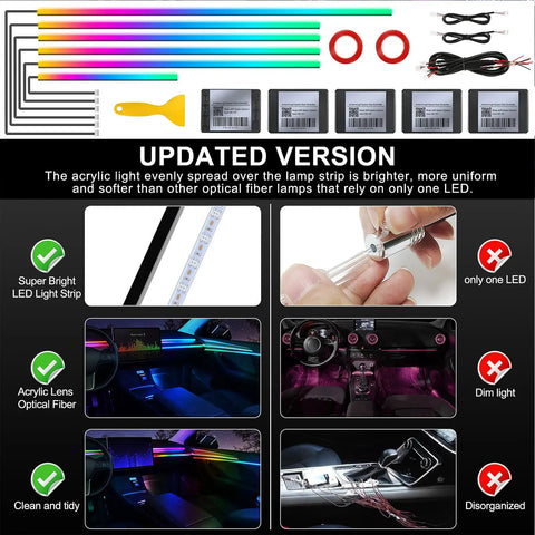 Acrylic Interior Car LED Strip Lights Kit RGB 6 In 1 With Wireless App Control showing components and installation examples.
