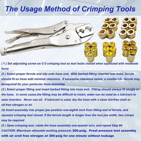 58-piece hose repair kit with 1/4 in ID brass fittings and metal crimping tool; includes ferrules, couplers, nipples