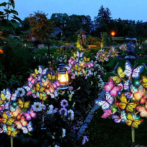 Solar Garden Lights Outdoor 2 Pack With 34 Butterflies And 44 LED Fairy Lights Waterproof Garden Decor in nighttime garden display