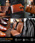 All-In-One Black Leather Repair Kit For Cars, Furniture, Couches, Boots, And Purses - Quick Scratch Repair And Leather Restoration Made Easy, Vinyl Repair Kit To Keep Your Gear Looking Fresh displayed on various leather products like a chair, wallet, and car seat.