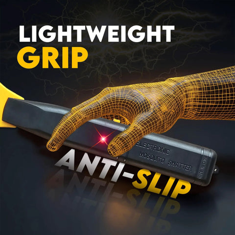 Two Pack Electric Fly Zapper Racket Battery Powered Bug Swatter with anti-slip lightweight grip shown in yellow 3D wireframe.