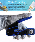 Hand holding Pass Through RJ45 Crimp Tool Kit For Cat5, Cat5e, Cat6 And Cat6A With 50 Pass Through Connectors, 20 Covers