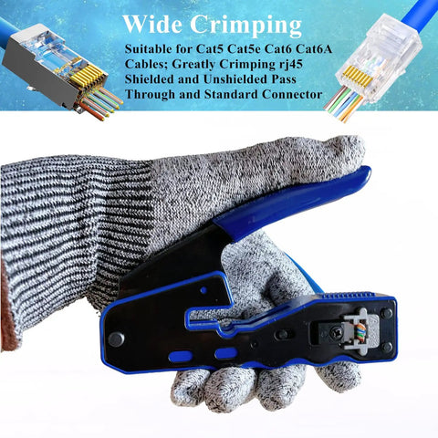 Hand holding Pass Through RJ45 Crimp Tool Kit For Cat5, Cat5e, Cat6 And Cat6A With 50 Pass Through Connectors, 20 Covers