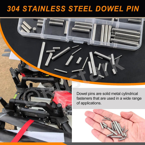 110 Piece Dowel Pin Set In 304 Stainless Steel, 22 Sizes From M2 To M5, Cylindrical Shelf Pins And Rod Fasteners For Mechanical Projects, Manufacturing, And DIY Use. Assorted pins in case and hand