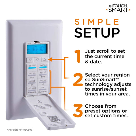 One In-Wall Digital Timer With Push Door Switch And Backlit LED Screen Dope Energy Saver Eight Custom On Off Times Countdown Mode Daily And Weekly Schedules For Indoor And Outdoor Lights Fans And More displayed with open door showing buttons and LED screen.