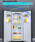 Interior view of Hella Spacious 11 Cu Ft Stand Up Freezer And Refrigerator Combo with food storage and adjustable shelves.
