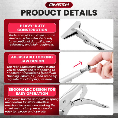 AMGSH 10-inch locking sheet metal clamp pliers, adjustable jaw, nickel-plated carbon steel, ergonomic handle.