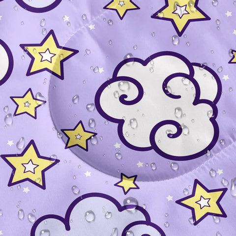 Close-up of unicorn themed kids sleeping bag waterproof shell with cloud and star design