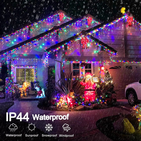 Green Outdoor Icicle Christmas Lights 33ft 400 LED With Connectable Clear Wire 8 Modes Timer Waterproof decorating home exterior.