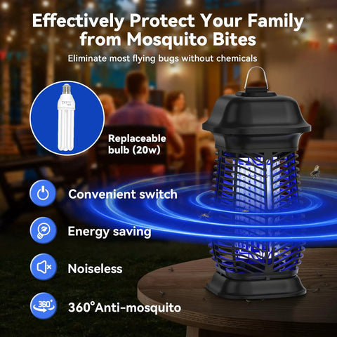 Ultimate Indoor Outdoor Bug Zapper For Mosquitoes And Flies, 4200V Electric Grid With 20W Blue UV Light on a table, black design.