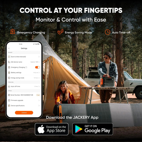 People using Explorer 1000 V2 Portable Power Station 1070Wh LiFePO4 Battery in outdoor camping with app controls.