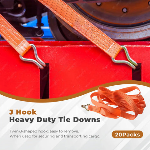 20 Pack Heavy Duty Cargo Tie Down Straps 1.5 Inches By 20 Feet Galvanized Steel Ratchet Belts featuring hooks on red cargo for secure transport.
