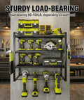 Wall Mount Tool Organizer With 3 Tier Heavy Duty Metal Rack For 4 Drills Plus Screwdriver And Hammer Holder 150 Lb Capacity Garage And Workshop Storage No Fuss installed on wall with tools visible