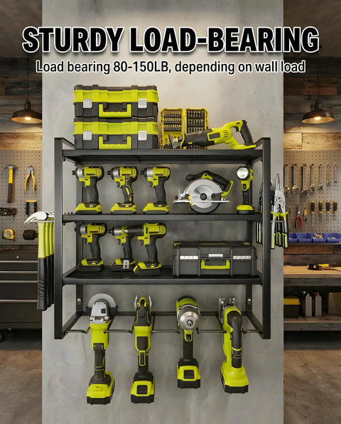 Wall Mount Tool Organizer With 3 Tier Heavy Duty Metal Rack For 4 Drills Plus Screwdriver And Hammer Holder 150 Lb Capacity Garage And Workshop Storage No Fuss installed on wall with tools visible