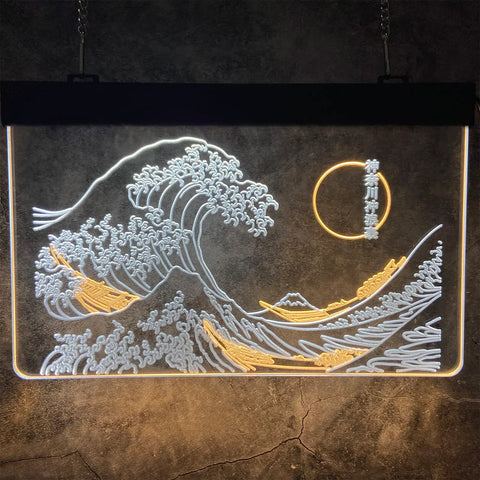 Great Wave Off Kanagawa LED Neon Sign Dope Wall Art In White And Yellow 12x16 Inch Neon Light For Modern Room Decor