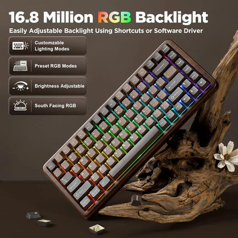 Premium Solid Walnut Wood 75 Percent Wireless RGB Mechanical Gaming Keyboard Featuring Dope Hot Swap Caps And Fire Backlighting with customizable RGB backlight.