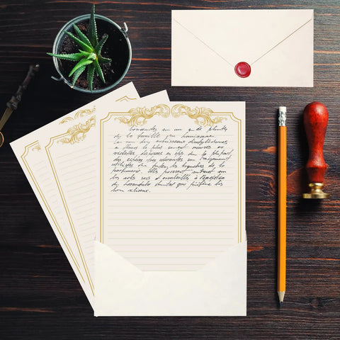 Vintage Style Stationery Set With 60 Letter Papers And 30 Envelopes, Gold Border Writing Paper For Love Letters And Party Invites, desk setup with stationery and seal