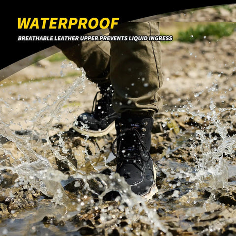 Rugged 6 Inch Moc Toe Steel Toe Work Boots For Men Waterproof Leather Slip Resistant Outsole And Safety Boots Built For Construction Jobs Durable Western Style Black Shoes For Tough Days US Size 9.5 in water